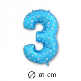 Ballon Mylar Chiffre 3 Bleu de 81cm avec Étoiles