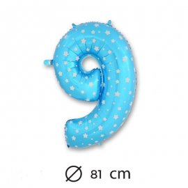 Ballon Mylar Chiffre 9 Bleu de 81cm avec Étoiles