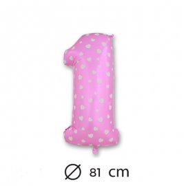 Ballon Mylar Chiffre 1 Rose de 81cm avec Coeurs